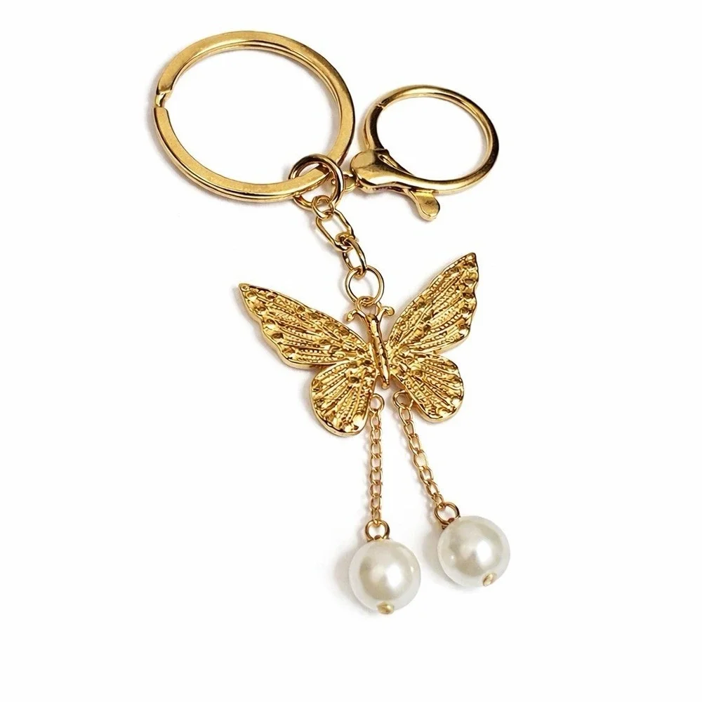 Purple Butterfly Gold Tone Keychain Purse Charm Rhinestone & Metal Clip 3.75
